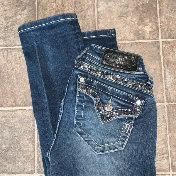 Miss Me Mid-Rise Straight Jeans Sequins 24x33” Bling Rhinestone Western - Image 3