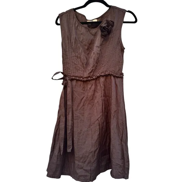 YA Los Angeles Bronze Brown Rosette Shoulder Mini Dress Medium Elastic Waist Tie - Image 9