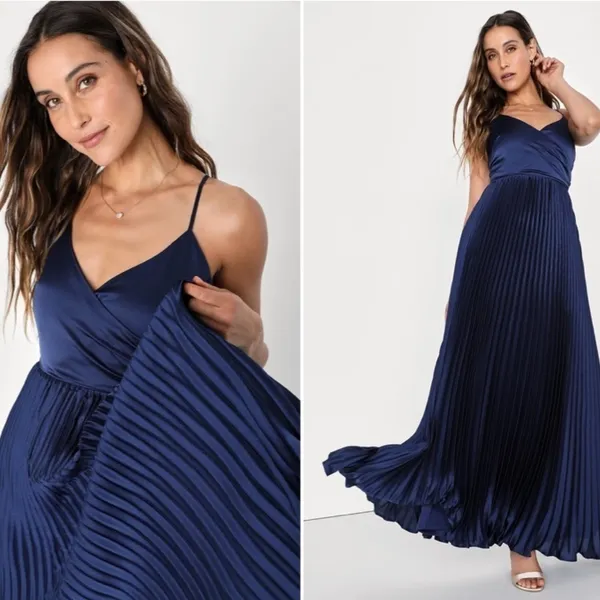 LULUS Prom Wedding Bridesmaid Sexy Elegant Navy Blue Pleated Maxi Dress - Image 3