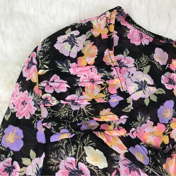 FREE‎ PEOPLE Maybel Sheer Floral Tie Front Peplum Top Crop Black Pink Small New - Image 5