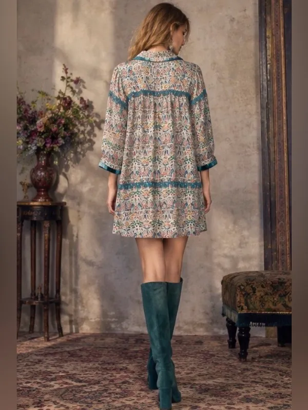 Anna Sui Boho Velvet Trim Printed Tunic Mini Dress - Long Sleeve Button Front L - Image 7