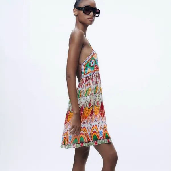 ZARA Geometric Print Straight Neck Strappy Embroidered Short Dress Size‎ Small - Image 9