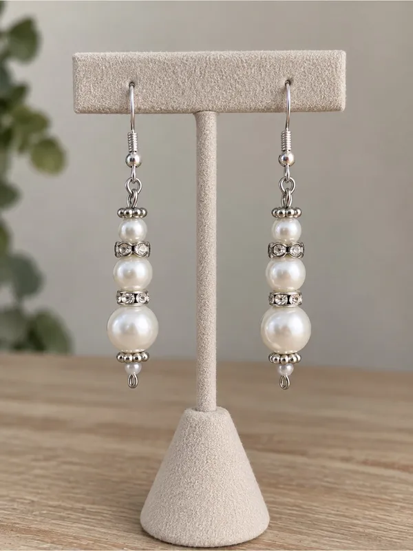NEW Artisan Dangle Earrings 2.25” Handcrafted Ivory Pearl Rhinestone Silver Tone - Image 2