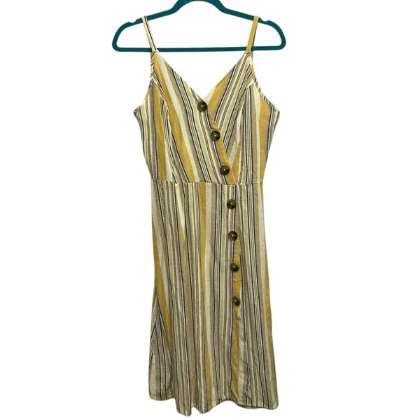 Naïf Linen Blend Stripe‎ Midi Dress Women's Spaghetti Strap Button Front Small - Image 2