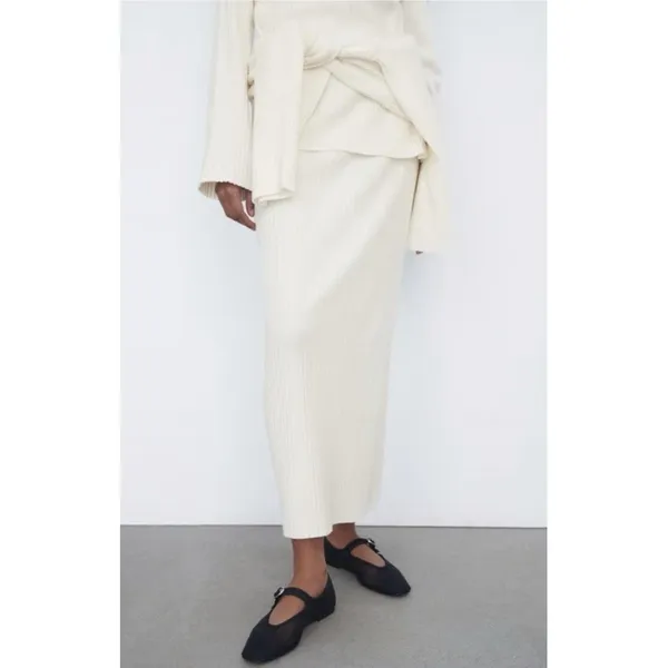 Beautiful People Midi Skirt‎ Brushed Ribbed Knit Pullon Off White Medium USA - Image 2