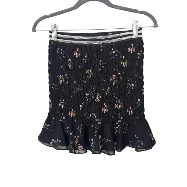 FOR LOVE &‎ LEMONS Odette Smocked Silk Floral Mini Skirt Black Small - Image 3