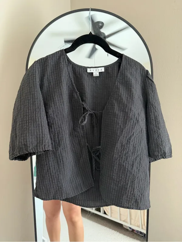 HYFVE Black Ribbed Tie-Front Short Sleeve Top - Image 2