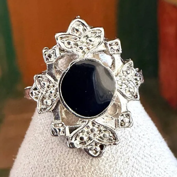Silver Tone Black Cabochon Floral Statement Ring Silver - Image 2