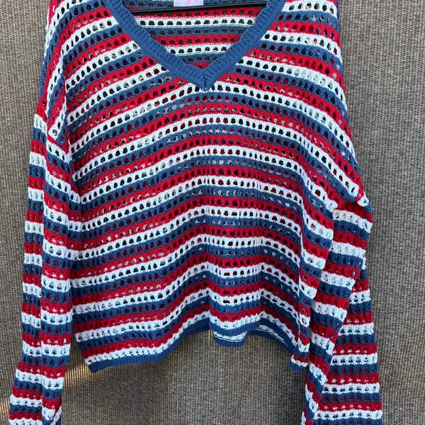 Pink Lily red, white, and blue striped crochet knit sweater top women’s Sz L - Image 6
