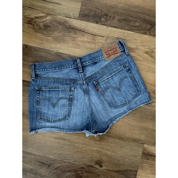 Levi's 501 Shorts Womens 30 Blue Denim Whiskered Red Tab Frayed Hem Button Fly - Image 2