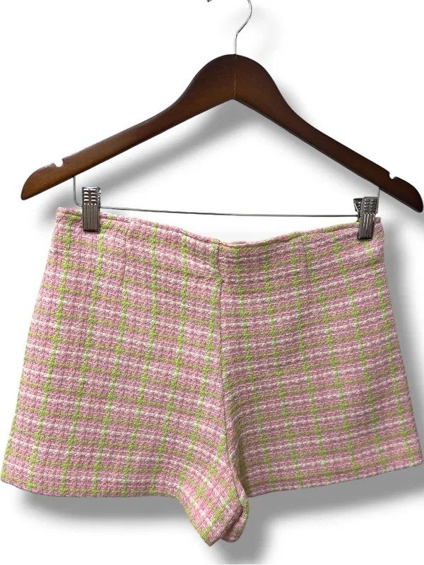 ZARA | NWOT Morocco Cotton Pink Green Plaid Tweed Side Zip Mini Skirt Shorts (S) - Image 4
