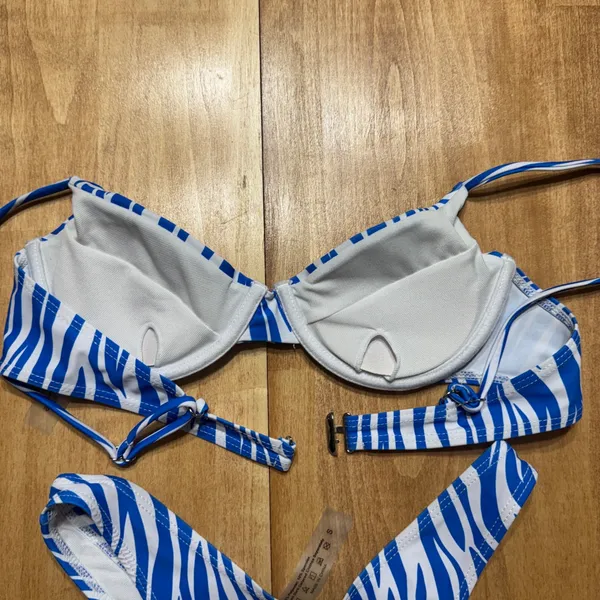 Blue‎ White Zebra Print Bikini Set Underwire High Cut Thong Swimsuit Small - Image 5
