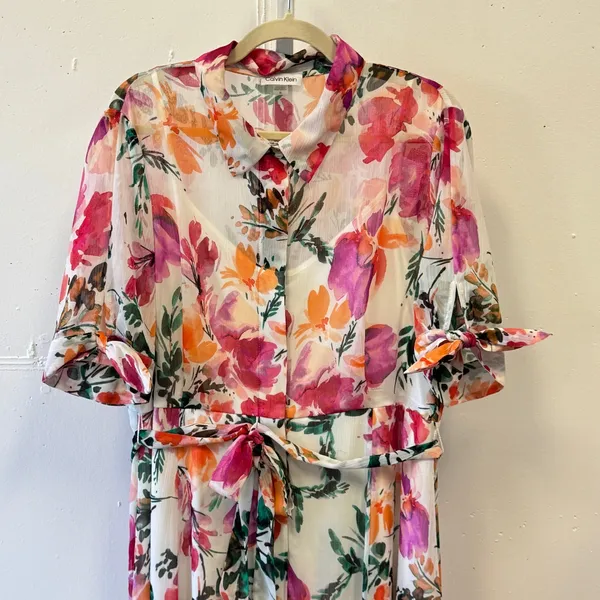 Calvin Klein Floral Midi Shirtdress Pink‎ Orange Watercolor Button Front Size 16 - Image 3