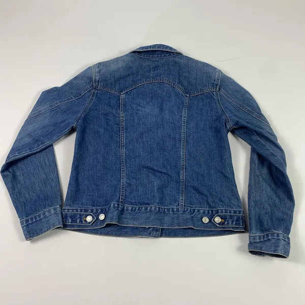 GAP Jeans Denim Trucker Jacket Womens Large Blue Button Front Monogram DJB Faded - Image 11