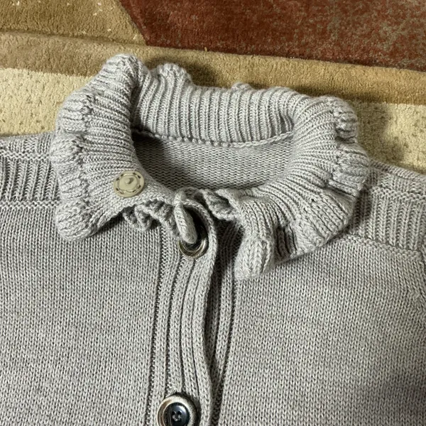 Dark Academia Coquette Wool Blend Ruffle Neck‎ Long Cardigan Women M Grey Knit - Image 4