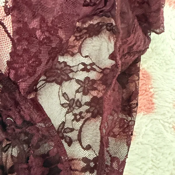 Forever 21 ✨ Y2K Dark Cherry Lace Bodysuit ✨ Sheer Floral Mesh Long Sleeve Goth Coquette Fairy Top XS - Image 4