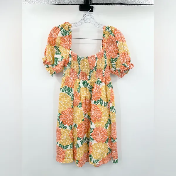House of Harlow‎ 1960 Smocked Linen Dress Orange Flower Print Mini Size XS - Image 2