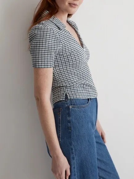 Madewell Mineral Blue Gingham Cropped Button Front Top Medium Stretch Plaid Y2K - Image 6