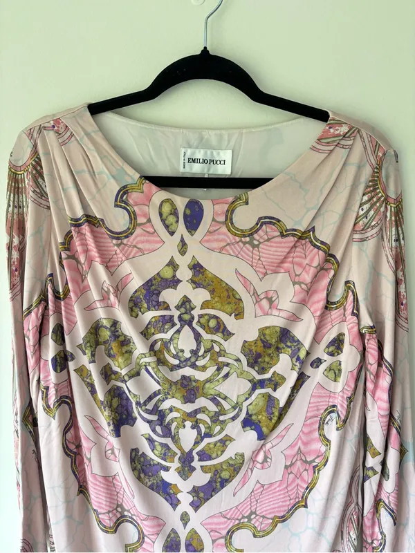 Emilio Pucci Pink Patterned Tunic Top 3/4 Sleeves Boat Neck Luxury Designer - Image 2