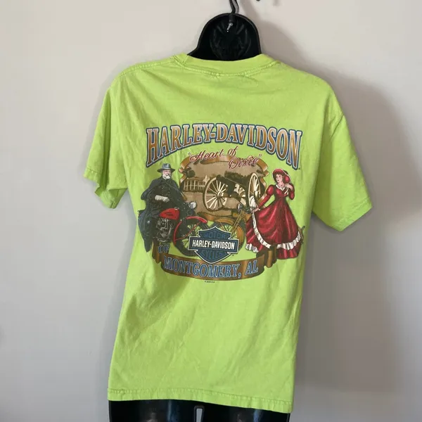 Harley Davidson Y2K Neon Lime Green Alabama Graphic Tee Shirt Size Small - Image 4