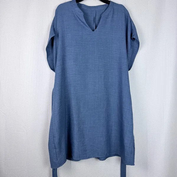 Women's‎ Denim Blue Split V-Neck Cap Sleeve Back Tie Tunic Dress 2XL Plus Size - Image 2