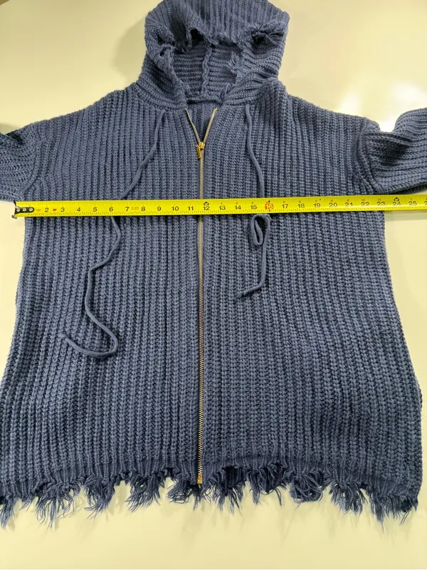 Frayed-Hem Hooded Zip Cardigan Sweater in Navy - Image 3