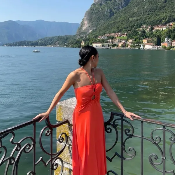 Sincerely Jules Bright Orange Halter Flowy Slinky midi dress - Image 2