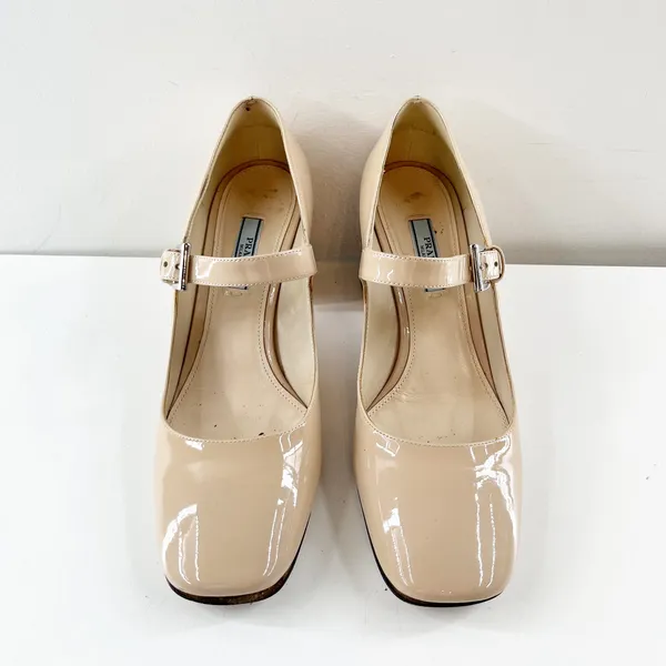 Prada Patent Leather Block Heel Square Toe Mary Jane Pumps Shoes Nude 38.5 - Image 7