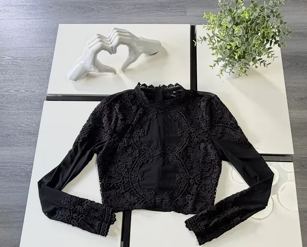 Windsor Black Lace Overlay Long Sleeve Mesh Crop Top - Size Small - Image 2