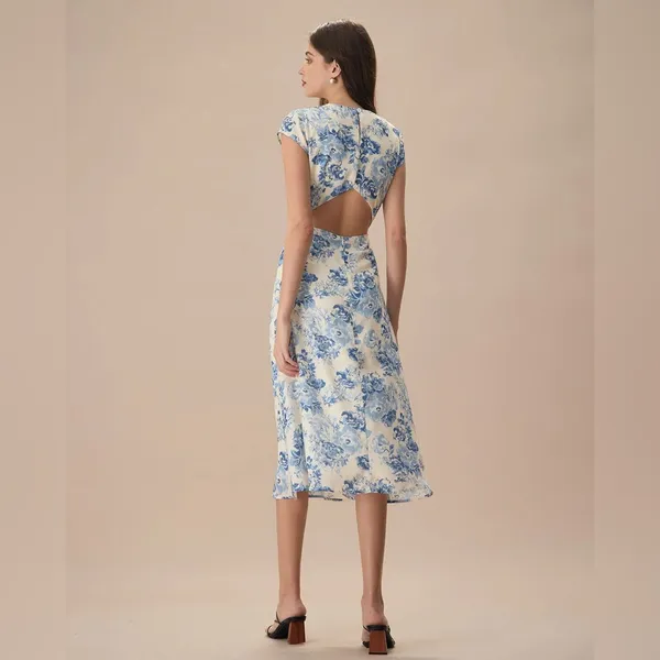 RIHOAS The Blue Round Neck Cap Sleeve Floral Midi Dress 76 - Image 2