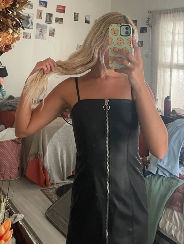 Black Leather Zip Dress - Image 2