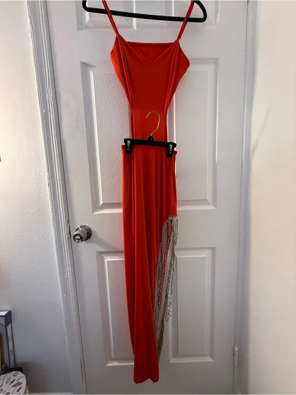 Red Strappy Cutout Evening Dress with Fringe - Image 9