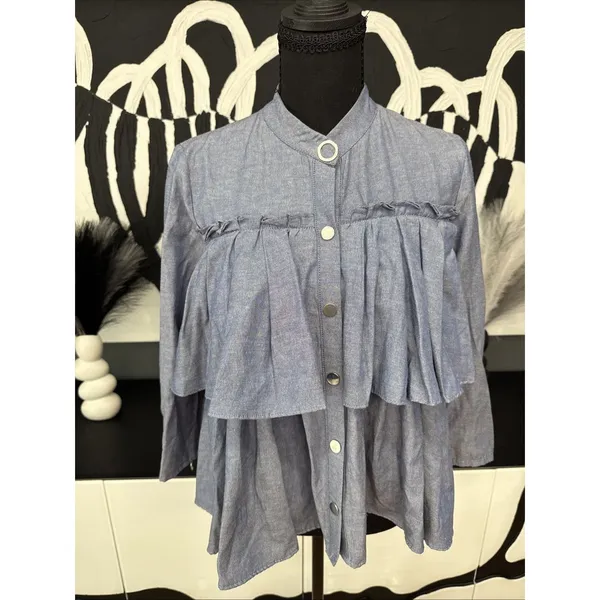 Zara Basic Chambray Ruffle Button Front Blouse Women’s XS Blue Long Sleeve EUC - Image 2