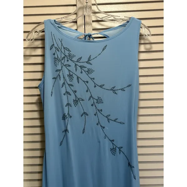 Eye Candy Blue Flower Glitter Open/Tie Back Maxi Dress Size‎ L Sleeveless Slit - Image 2
