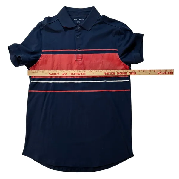 Five Four Darnell Shirt Short Sleeve Polo Medium Navy Blue Red Stripe Cotton Golf - Image 6