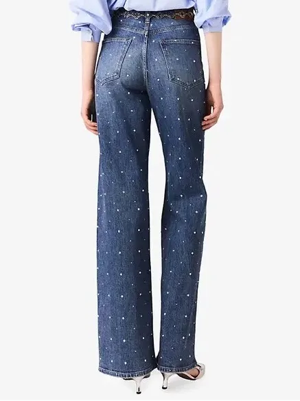 Maje Studded Wide Leg Jeans US Size 2 Medium Wash Blue High Rise Denim - Image 4