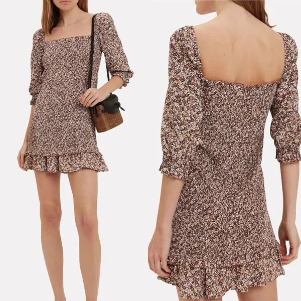 Faithfull The Brand Es‎ Saada Floral Smocked Dress Brown Pink Size 2 - Image 2