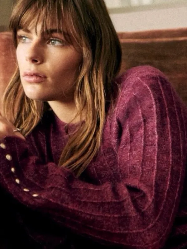 Sezane Joyce Jumper Sweater Merino Wool Mohair Gold Buttons in Grape Purple XS - Image 2