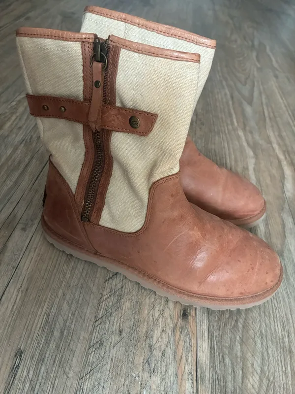 UGG Brown Leather and Cream Canvas Women's Ankle Boots - Image 3