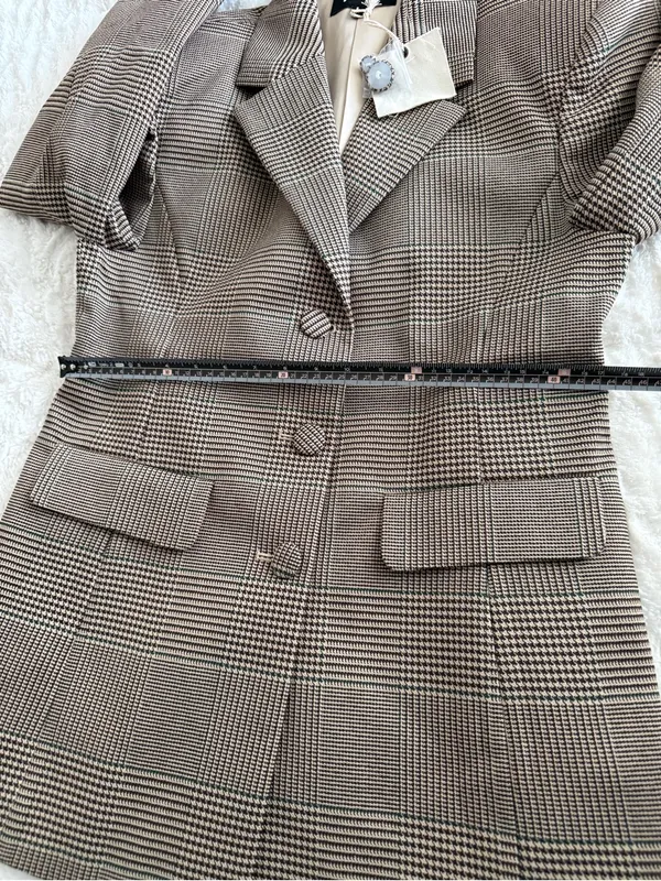 SER.O.YA Brown Plaid Blazer L Tailored Glen Check Quiet Luxury Jacket - Image 10