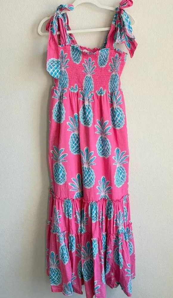 Crown & Ivy Women’s Dress M Pink Blue Pineapple Swiss Dot Smocked Maxi Beach - Image 2