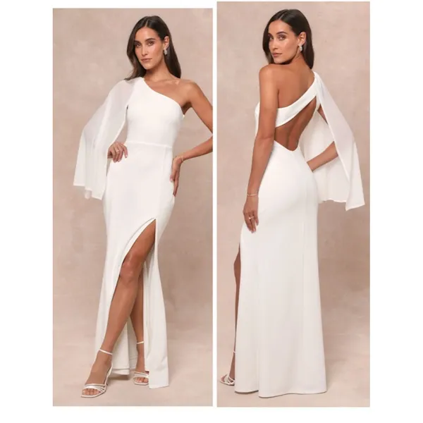 Lulus Majestic Attitude White Cape Sleeve One-Shoulder Maxi Dress Size XS Bridal - Image 2