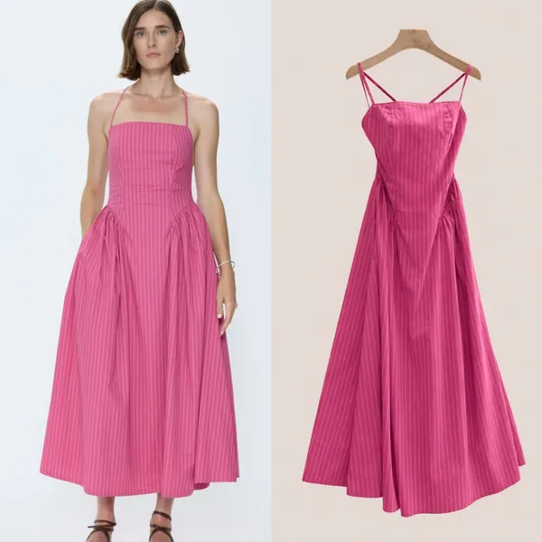 Pistola Sadee Open Back Midi Dress Magenta Pink Stripe Cotton Summer Sundress L - Image 2