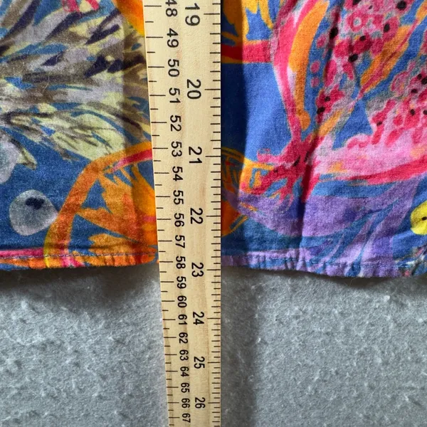 1682 | Entro‎ Boho Fruit Print Ruffle Shoulder Cotton Blouse Blue Multi Women M - Image 4