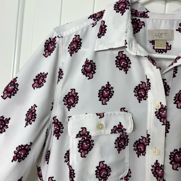 EUC LOFT women’s white pink printed pattern full button front long‎ sleeve shirt - Image 3