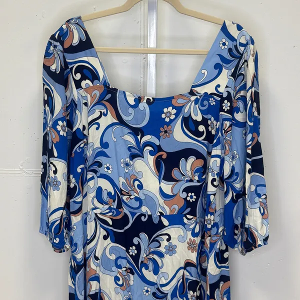 NWT F&F Blue Swirl Paisley Square Neck Smocked Mini Dress Women's‎ US 18 Floral - Image 3
