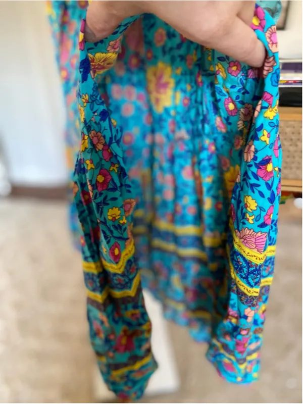 HOTOUCH XL Turquoise Floral Maxi Skirt Tiered Ruffle Slit Cottagecore Boho Flowy - Image 6