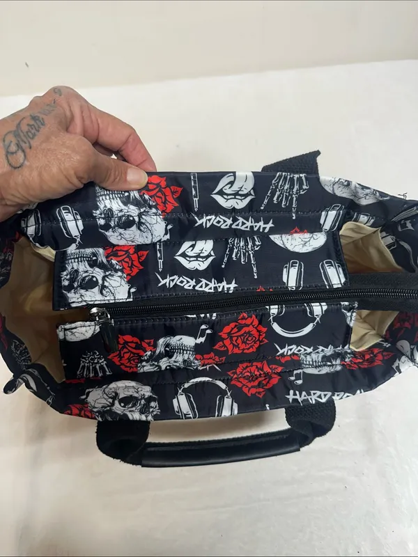 Hard Rock Cafe Black Tote with Red Rose & White Skull Print - Image 3