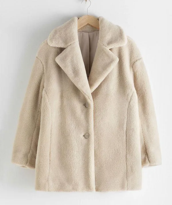 & Other Stories Cream Faux Fur Wool Blend Collared Coat - Image 2