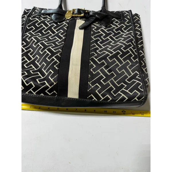 Tommy Hilfiger Monogram Tote Bag Black White Geometric Stripe Gold Buckle Charm - Image 11